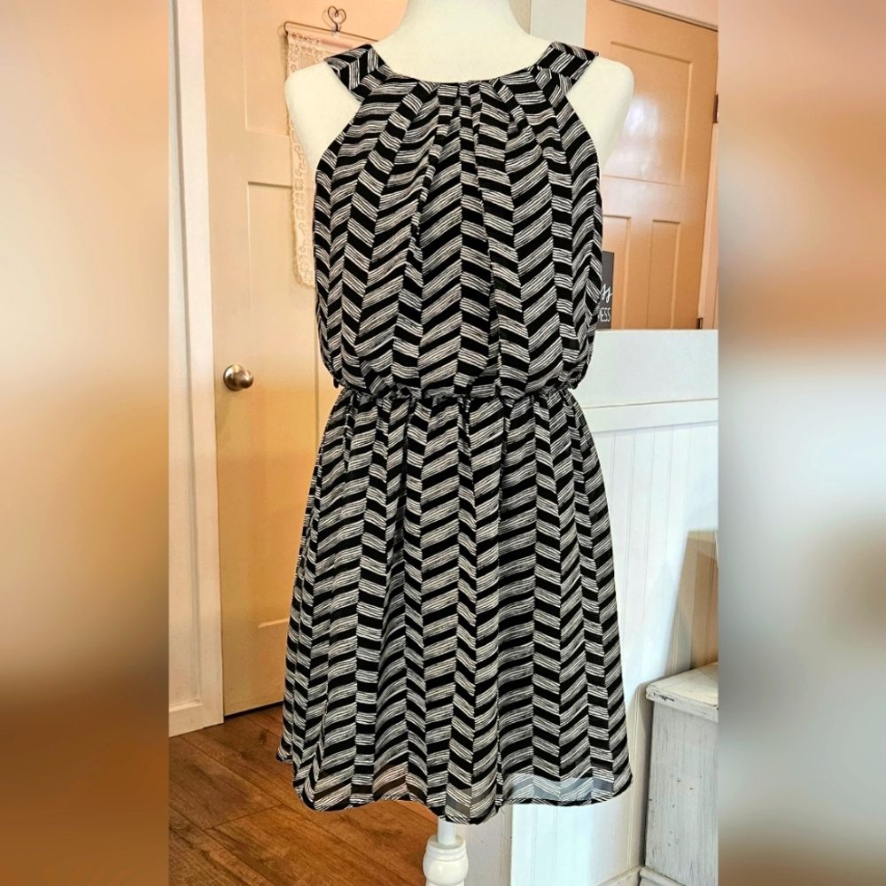 Worn Once- A. BYER -Geometric Print Silky Blouson Dress, Elastic Waist- Size L